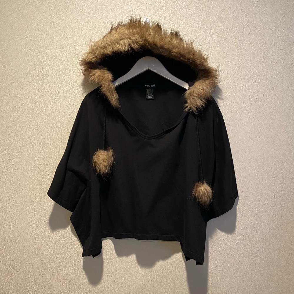 Vintage Wet Seal Hooded Poncho Black with‎ Faux Fur Trim Size Small